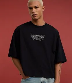 Camiseta Oversized Cropped em Algodão com Estampa Tribal