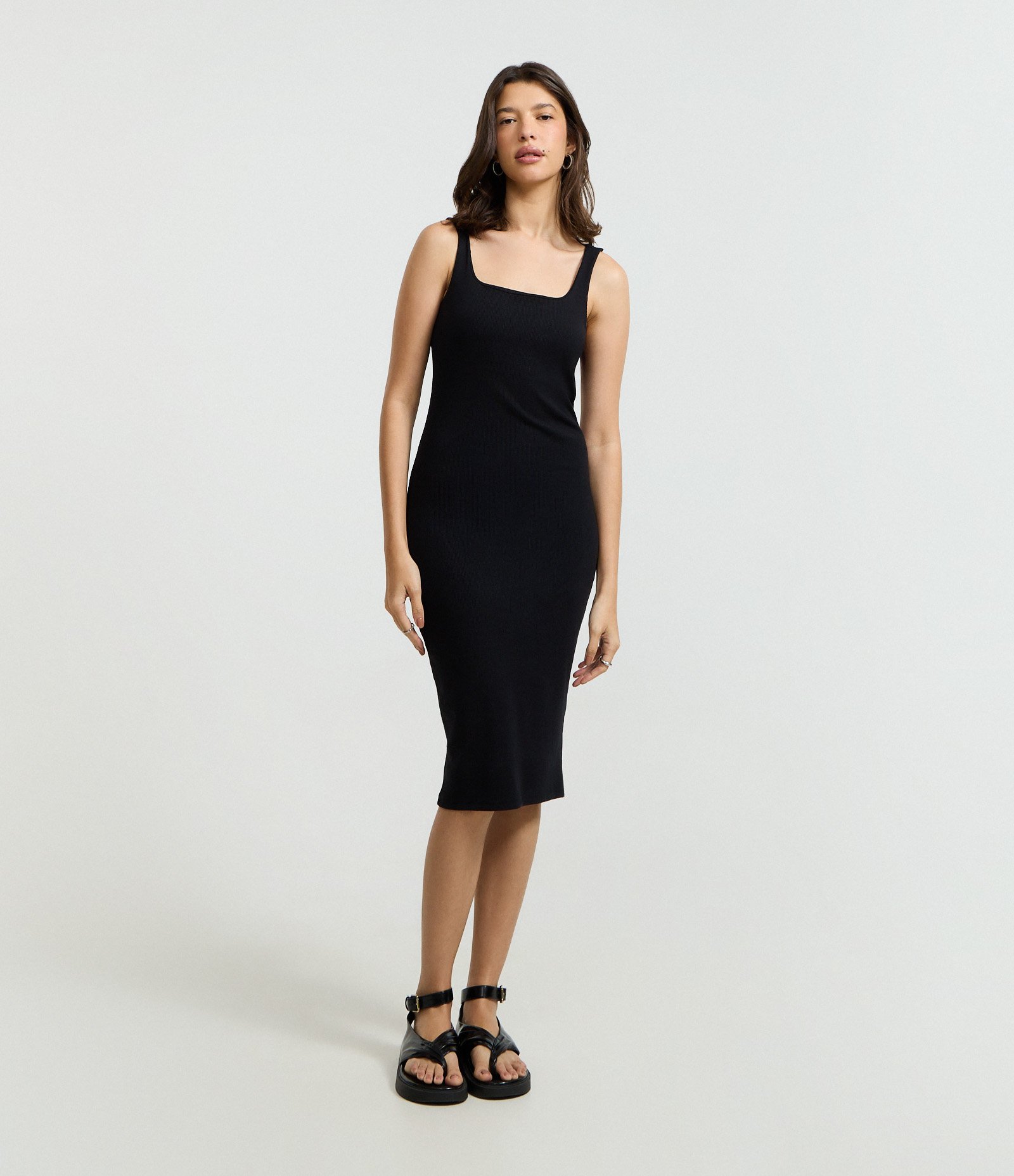 Vestido Midi em Ribana com Decote Quadrado Preto 1