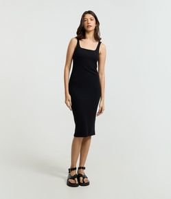 Vestido Midi em Ribana com Decote Quadrado