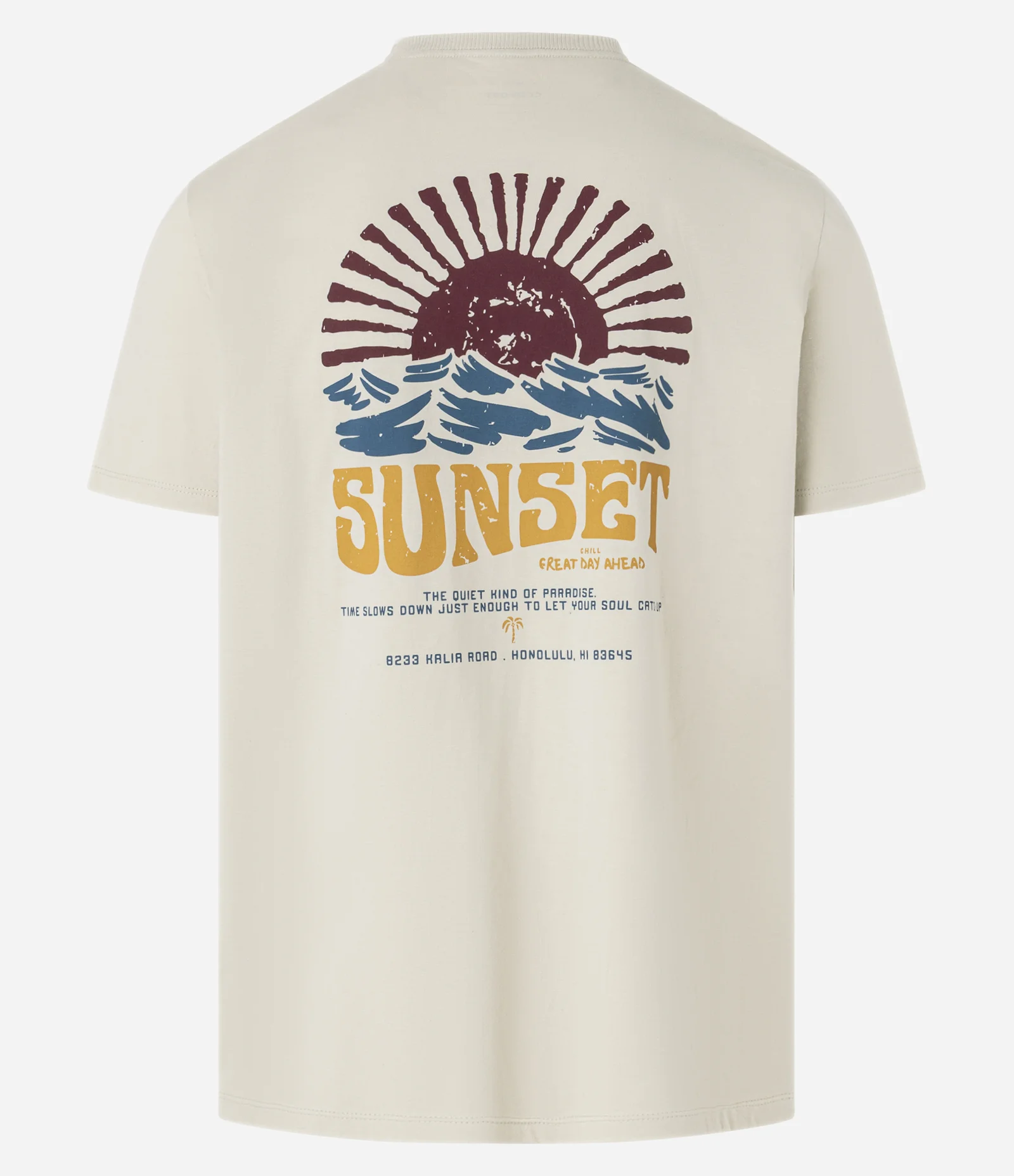 Camiseta T-Shirt Comfort em Algodão com Estampa Nascer do Sol Bege 6