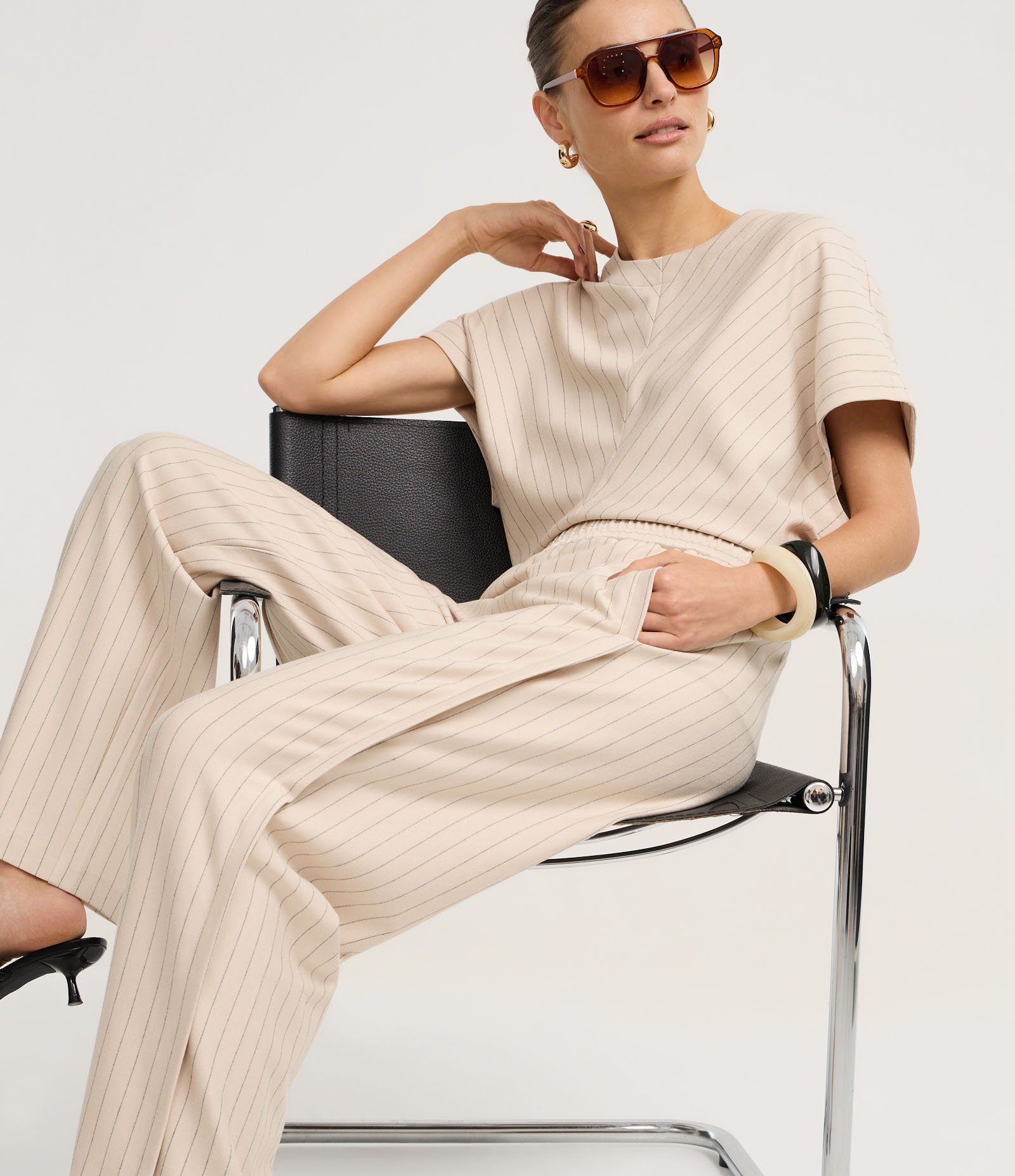 Calça Wide Risca de Giz em Ponto Roma Off White 2