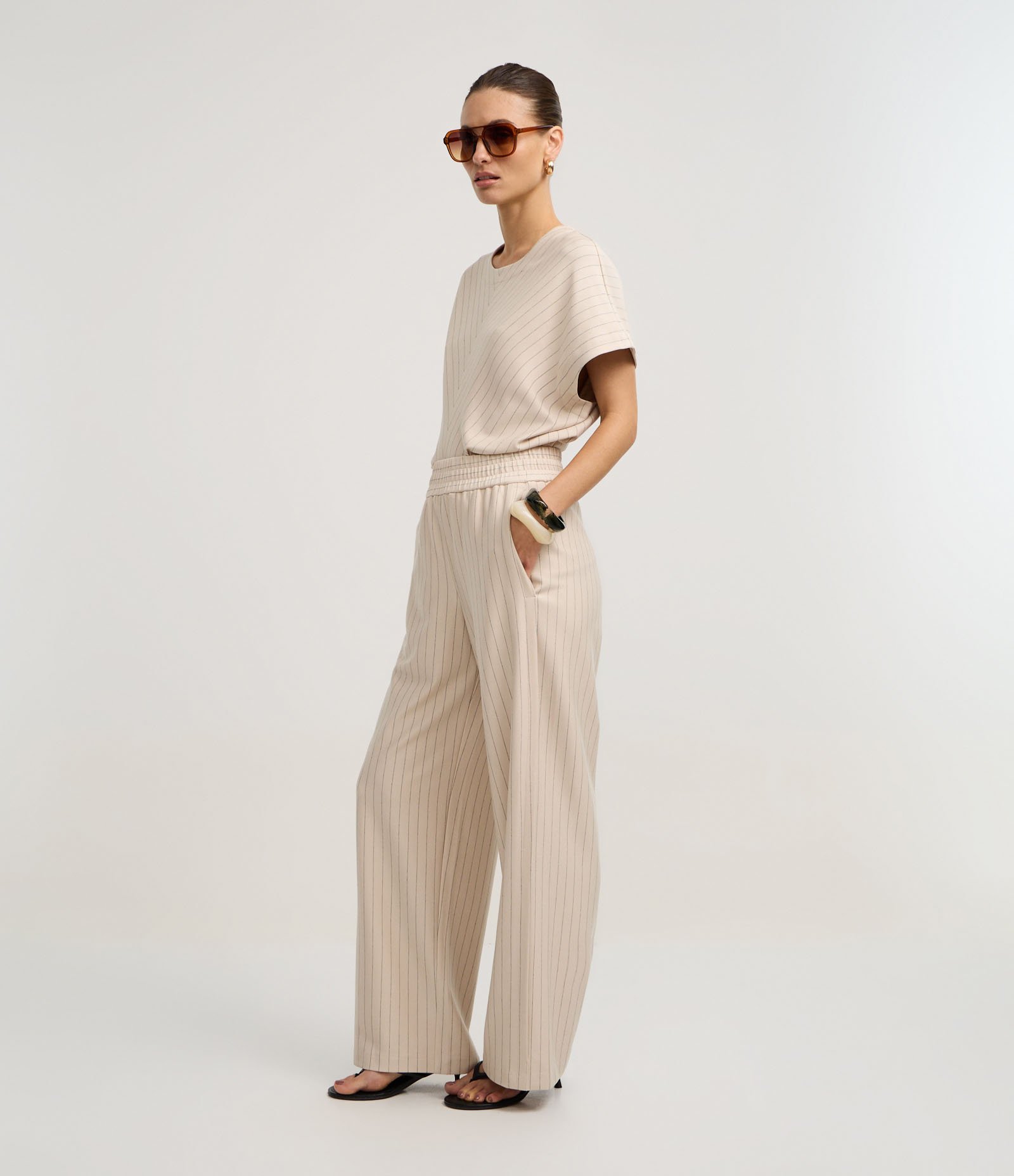 Calça Wide Risca de Giz em Ponto Roma Off White 5