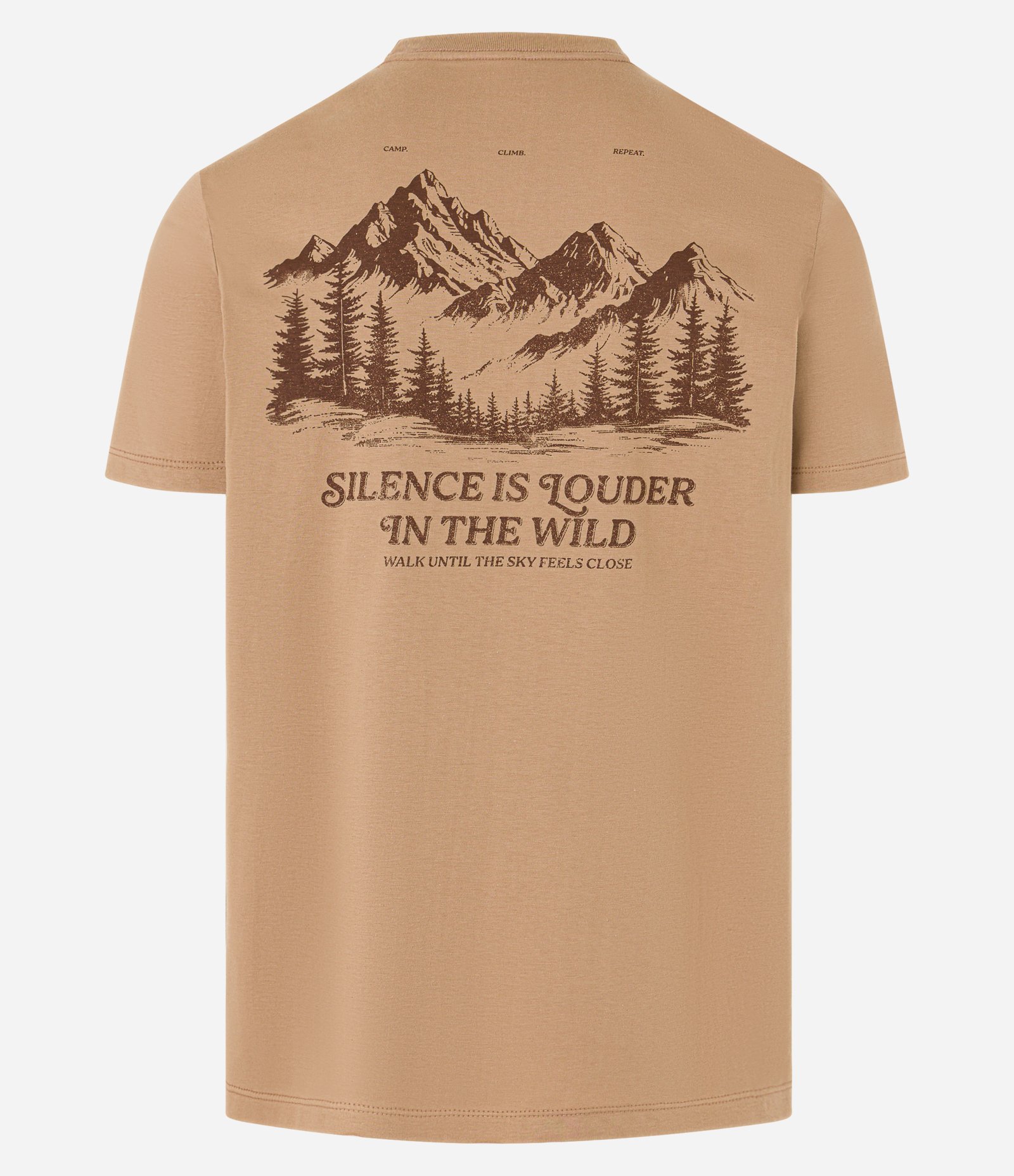 Camiseta Comfort em Algodão com Estampa de Montanhas e Lettering Marrom 7
