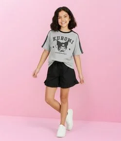 Camiseta Infantil com Estampa e Lettering Kuromi - Tam 7 a 14 Anos