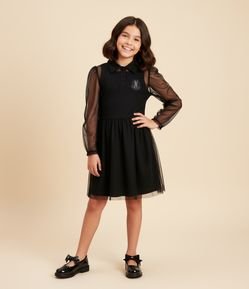 Vestido Infantil Gola Polo com Tule Wandinha - Tam 5 a 14 Anos