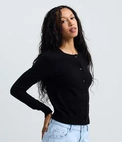 Cardigan Básico em Tricô com Botões e Gola Redonda