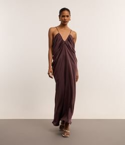 Vestido Longo em Cetim com Drapeados Degagê