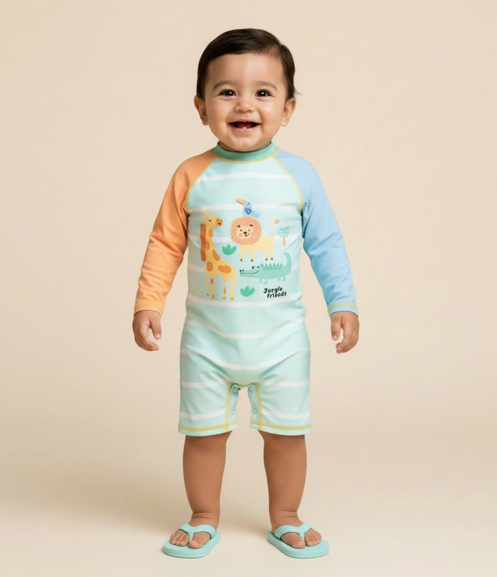 Macacão Infantil com Proteção UV e Animais 3D – Tam 6 Meses a 4 Anos Verde Água 1