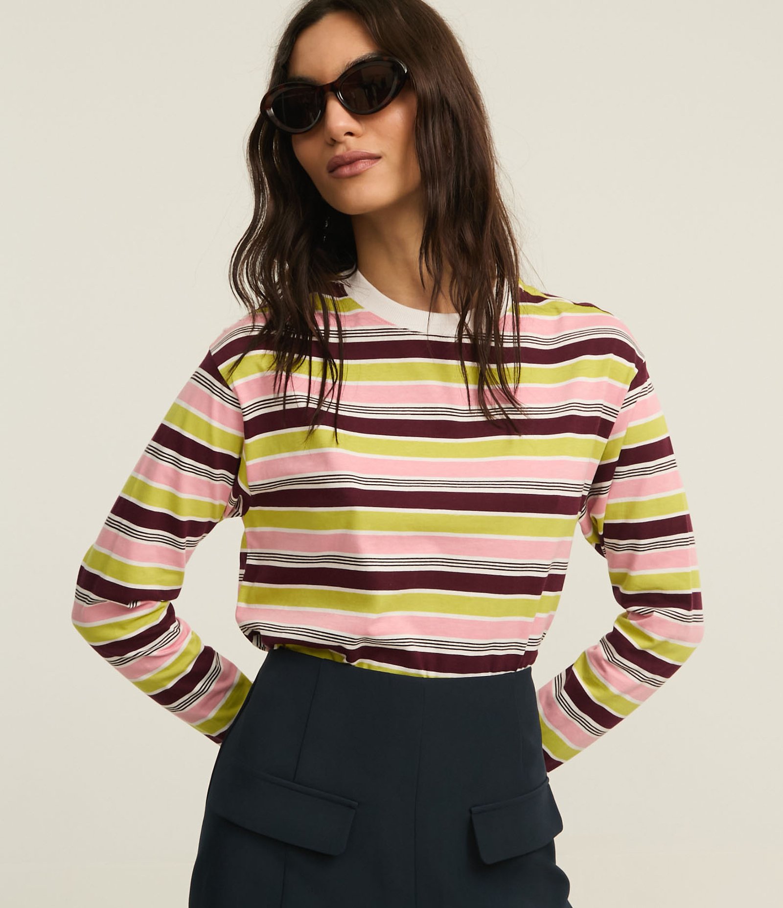 Camiseta em Algodão com Listras Variadas Roxo/Rosa/Verde/Branco 1