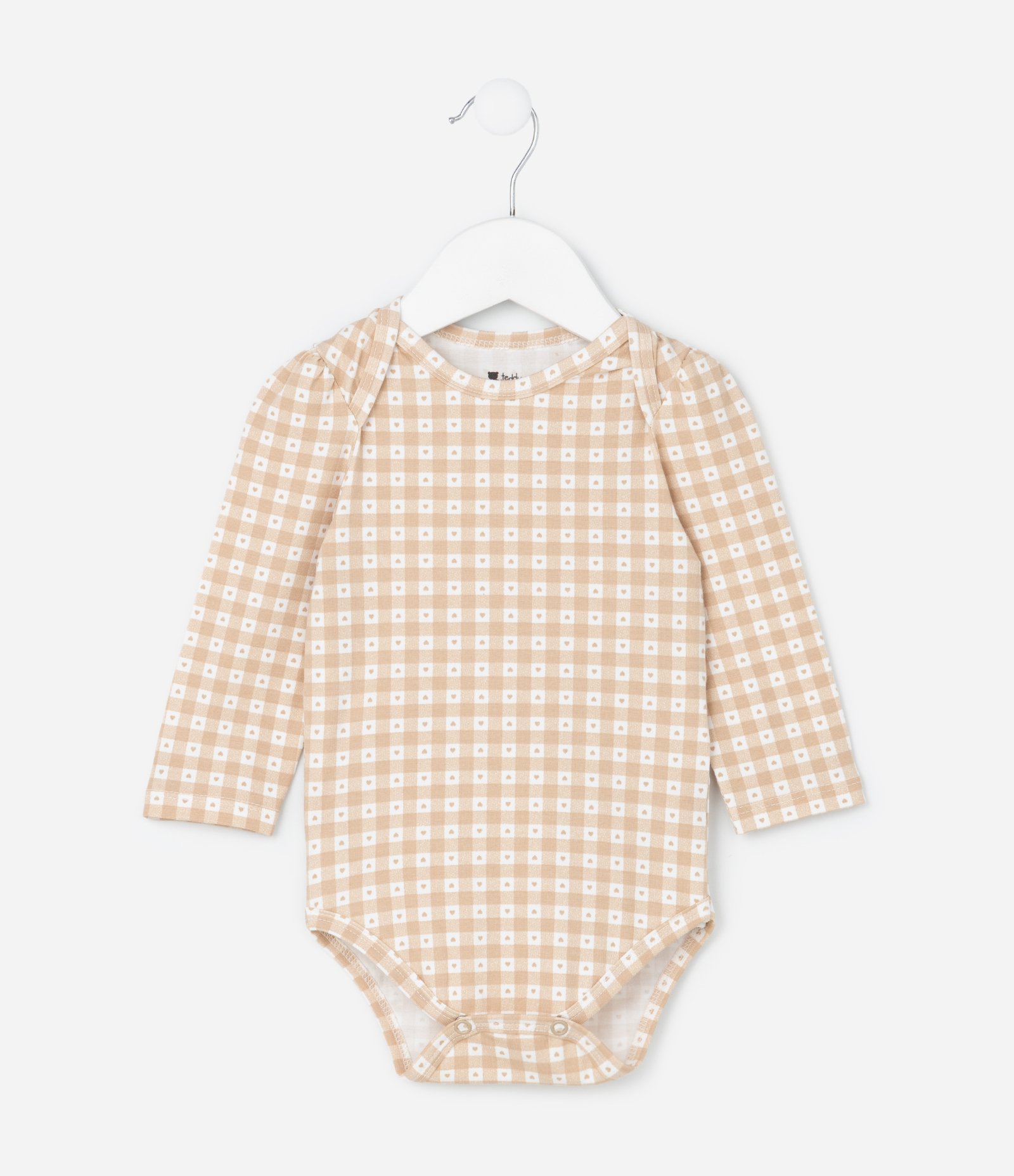 Body Infantil com Estampa Vichy e Corações - Tam 0 a 18 Meses Marrom 1