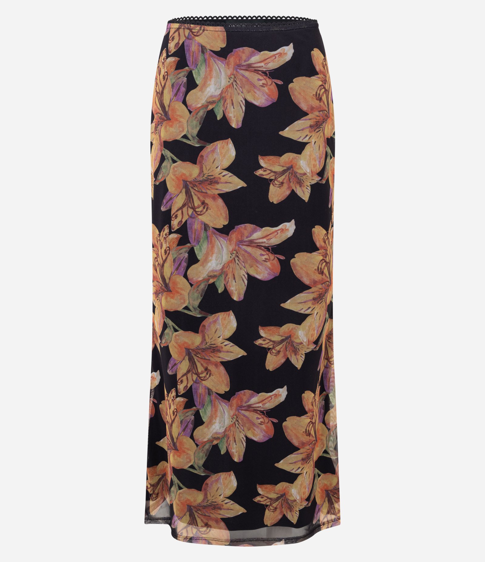 Saia Reta Longa com Cintura Elástica e Estampa Floral Preto 5