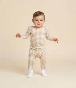 Calça Infantil em Ribana com Estampa Vichy e Laço – Tam RN a 18 Meses