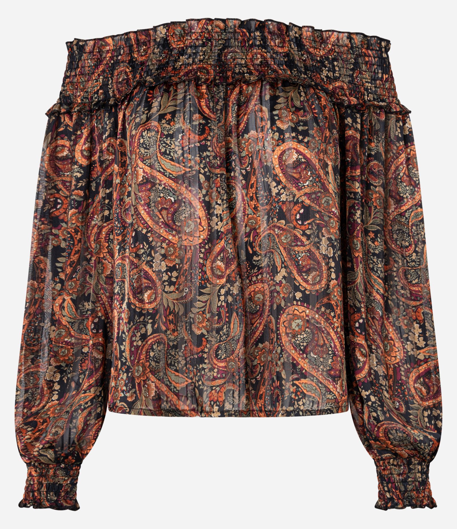 Blusa Bata em Chiffon com Decote Ombro a Ombro e Estampa Paisley Preto 3