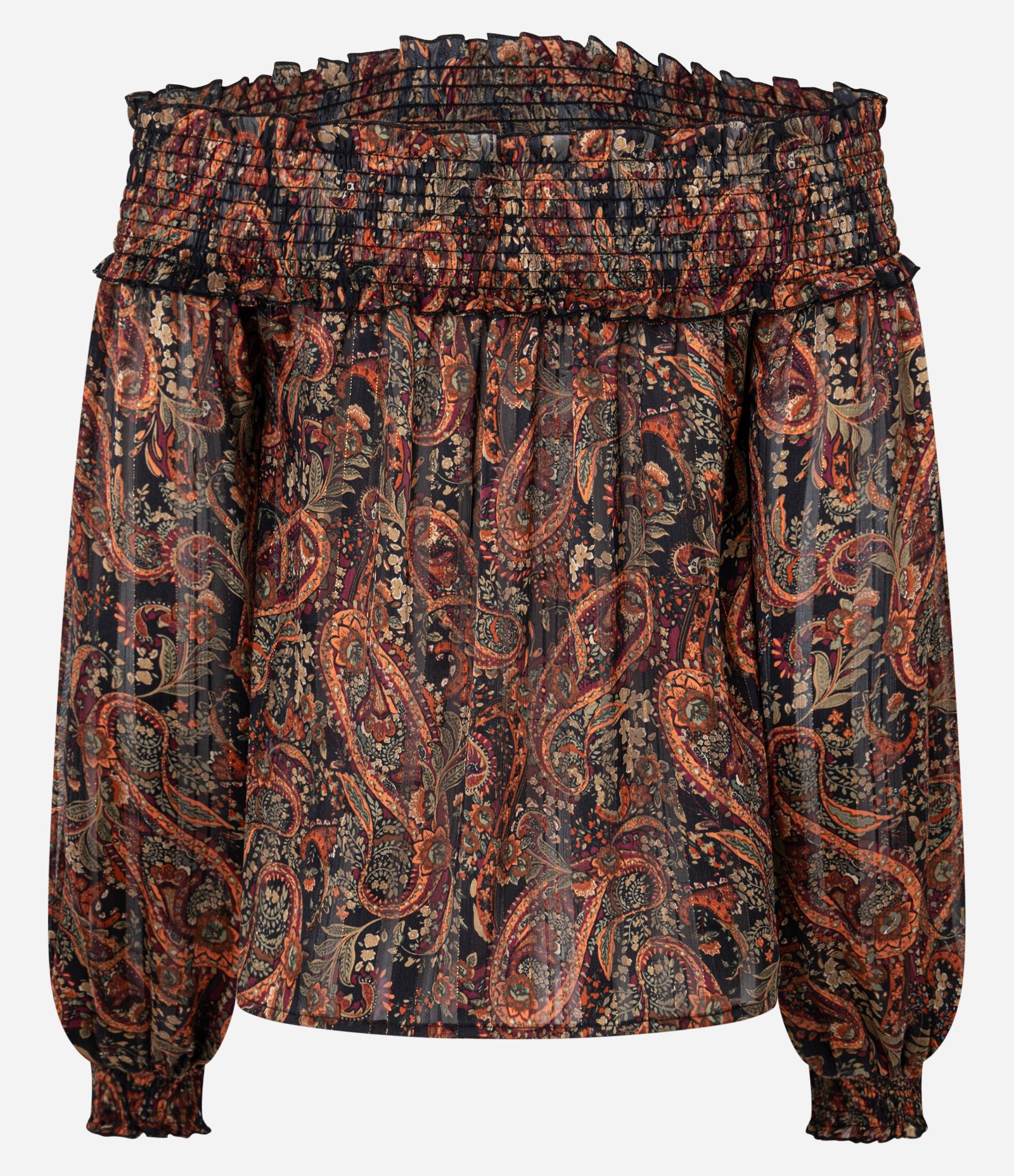 Blusa Bata em Chiffon com Decote Ombro a Ombro e Estampa Paisley Preto 5