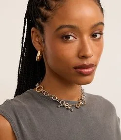 Conjunto de Colar Curto com Corrente de Elos Bicolor e Brinco Argola Bold