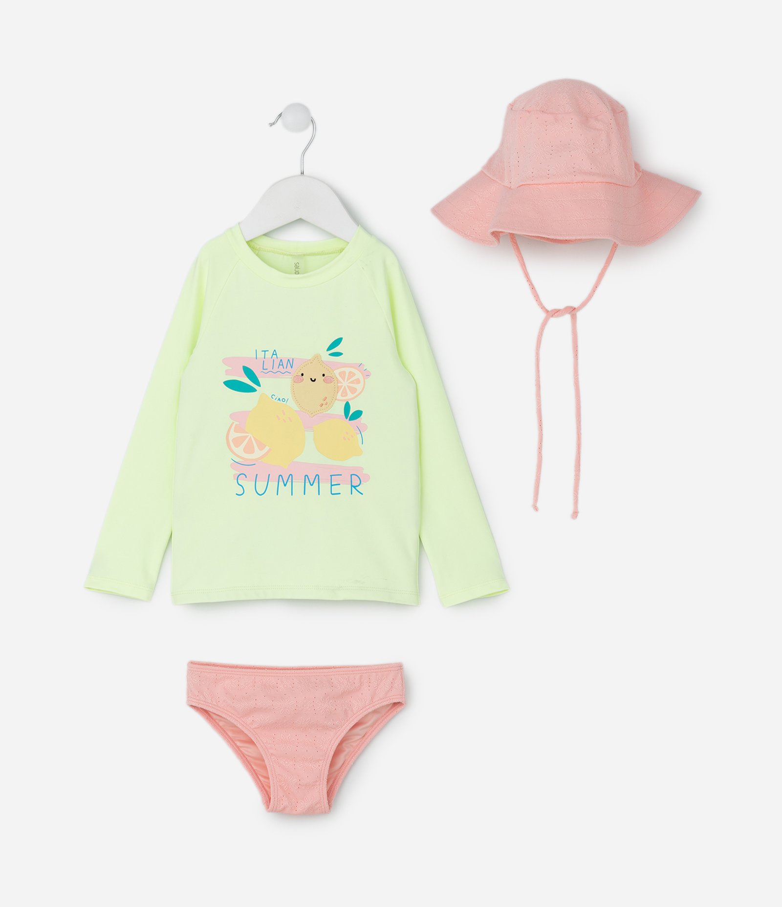 Conjunto Infantil com Blusa UV com Calcinha e Chapéu – Tam 1 a 4 Anos Verde/Rosa 1