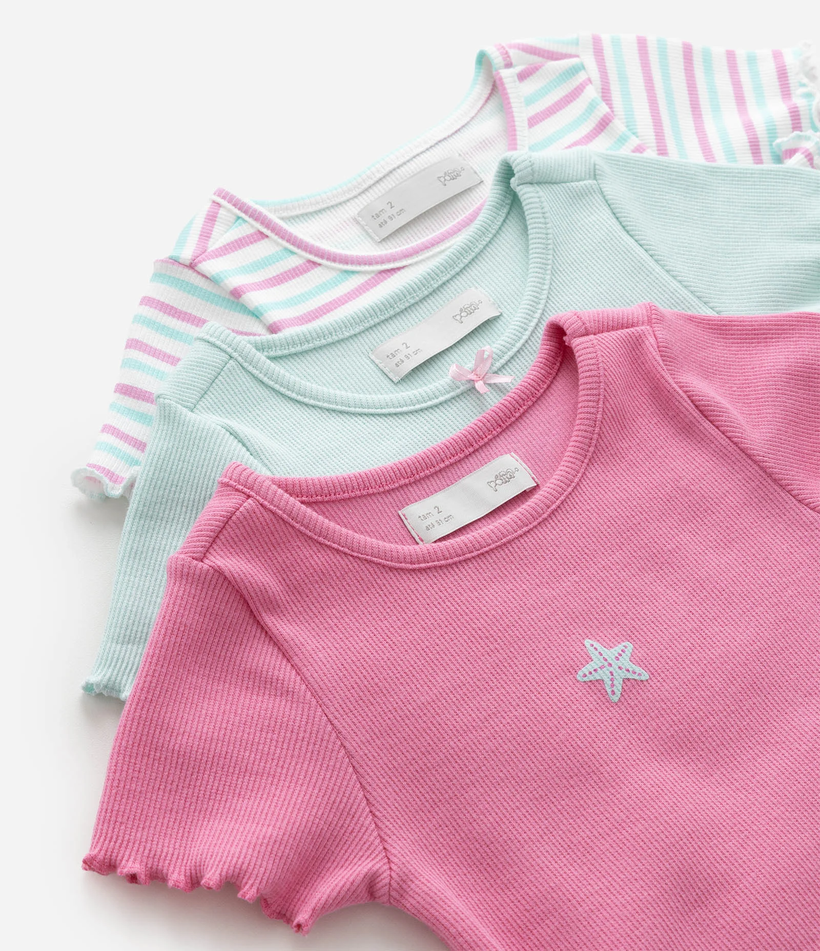 Kit 03 Camisetas Infantil Lisas e Listrada com Barra Frufru - Tam 1 a 6 Multicores 8