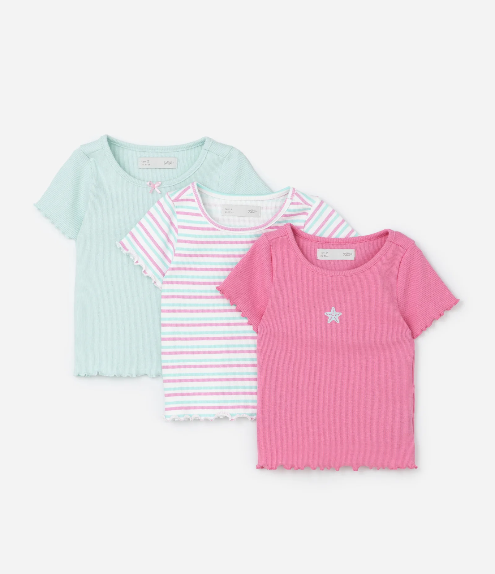 Kit 03 Camisetas Infantil Lisas e Listrada com Barra Frufru - Tam 1 a 6 Multicores 1