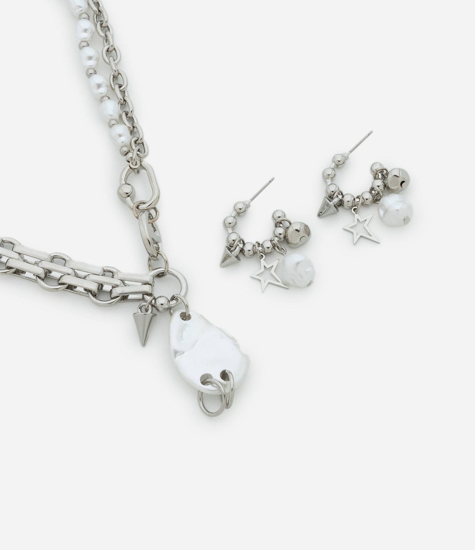 Conjunto de Colar Curto com Correntes e Brinco Argola com Pingentes Prata 2