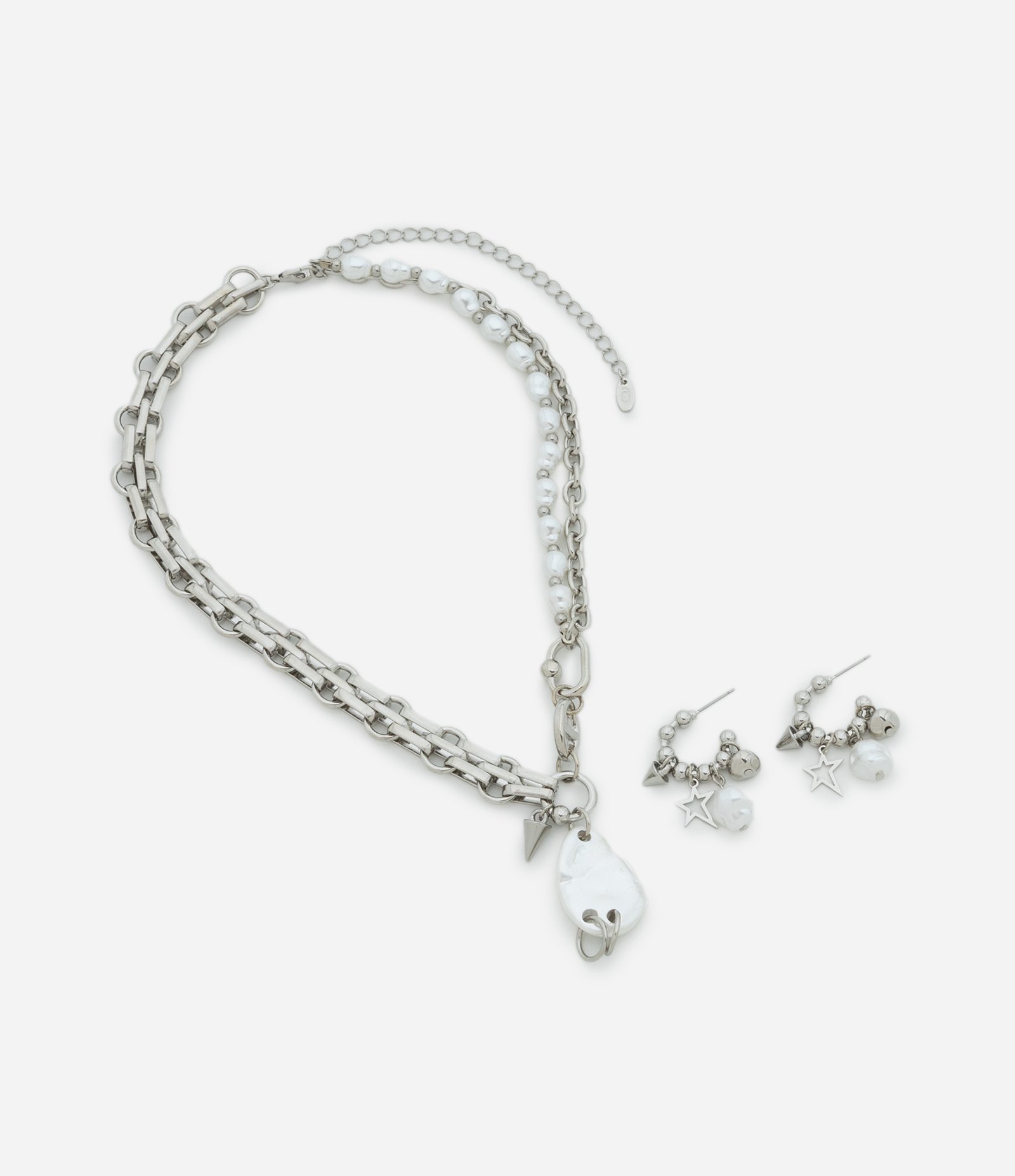 Conjunto de Colar Curto com Correntes e Brinco Argola com Pingentes Prata 3