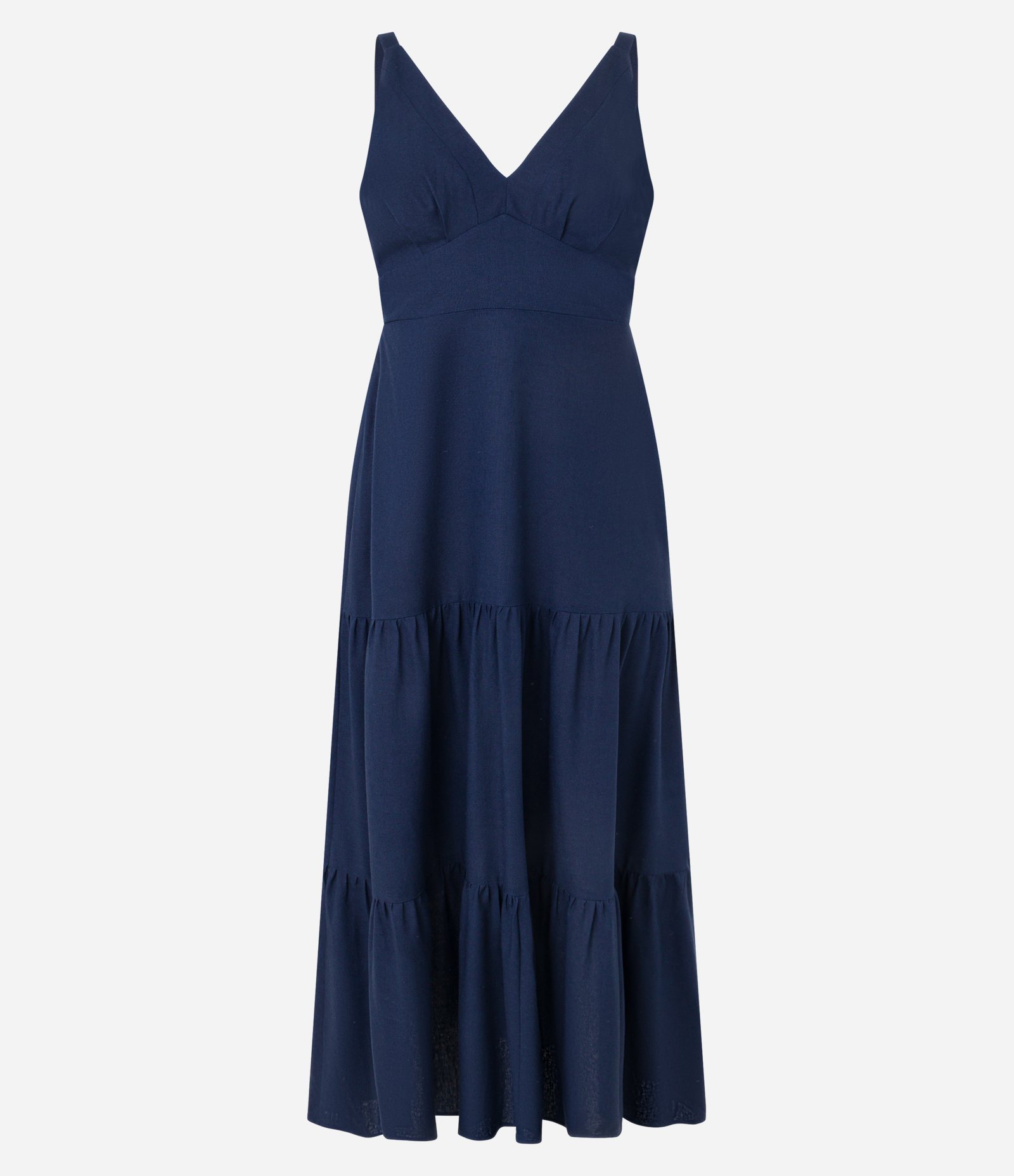 Vestido Midi Evasê em Viscose com Linho com Alça Fina e Babados Azul Escuro 6