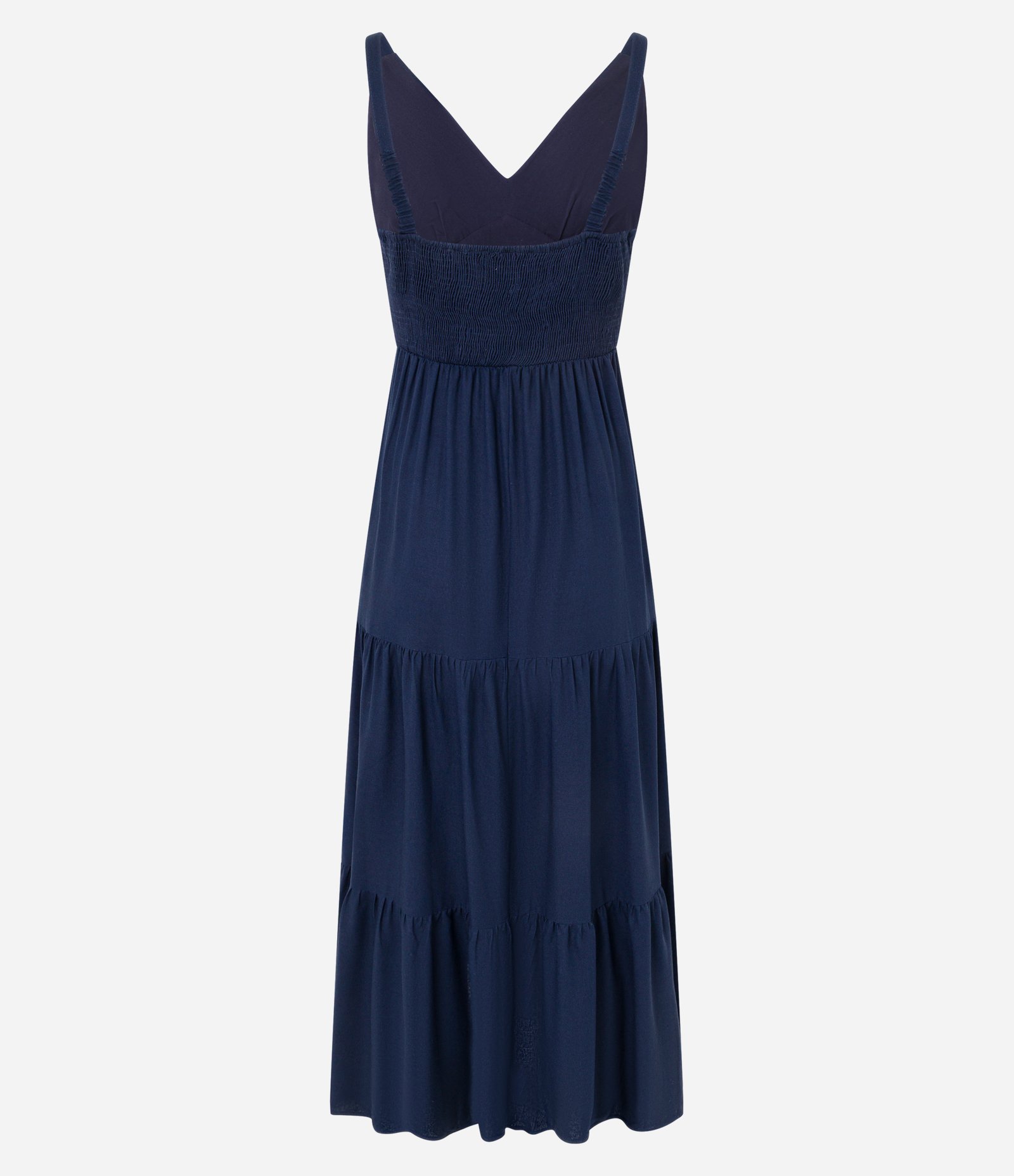 Vestido Midi Evasê em Viscose com Linho com Alça Fina e Babados Azul Escuro 8