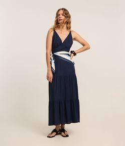 Vestido Midi Evasê em Viscose com Linho com Alça Fina e Babados