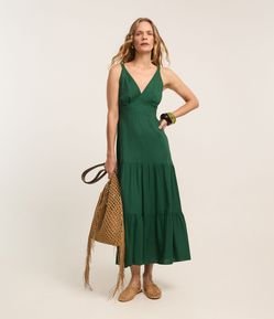 Vestido Midi Evasê em Viscose com Linho com Alça Fina e Babados