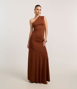 Vestido Longo Ombro Só em Microfibra com Recorte Diagonal