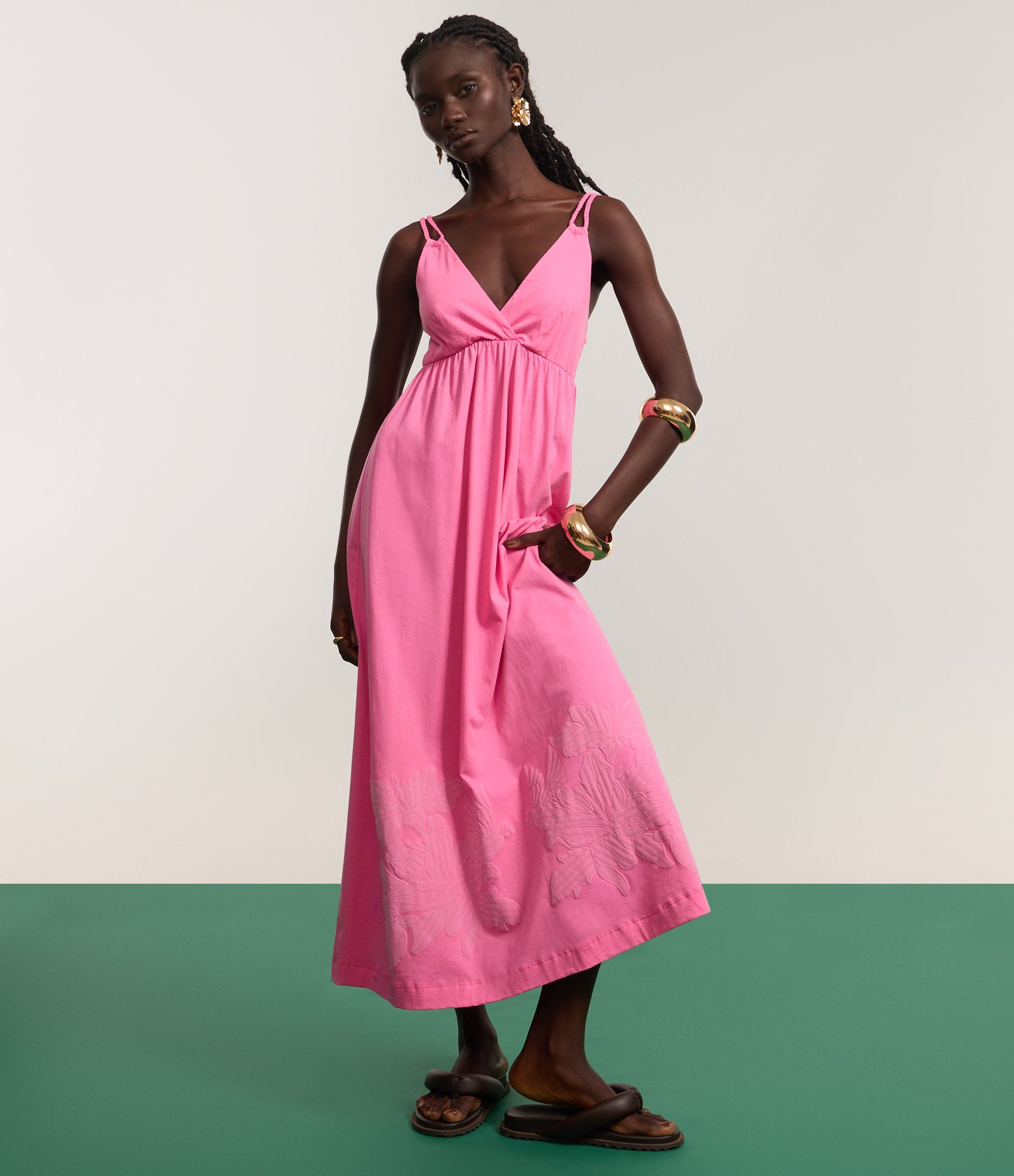 Vestido Evasê Long Midi em Agodão com Silk Floral na Barra Rosa 5