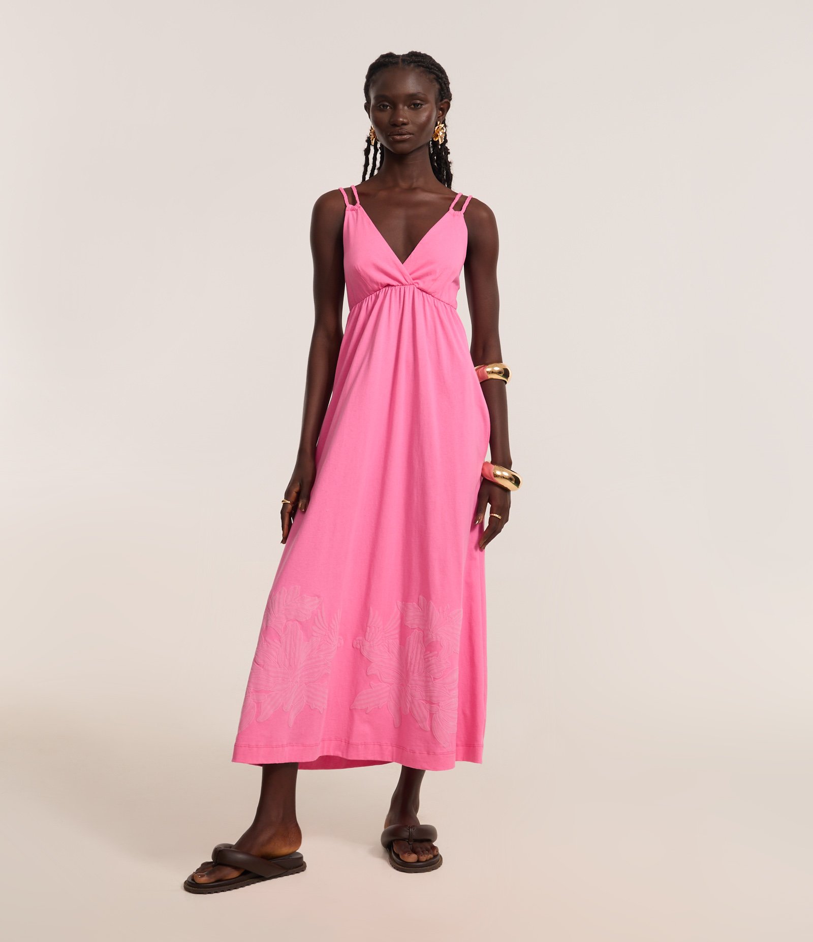 Vestido Evasê Long Midi em Agodão com Silk Floral na Barra Rosa 1
