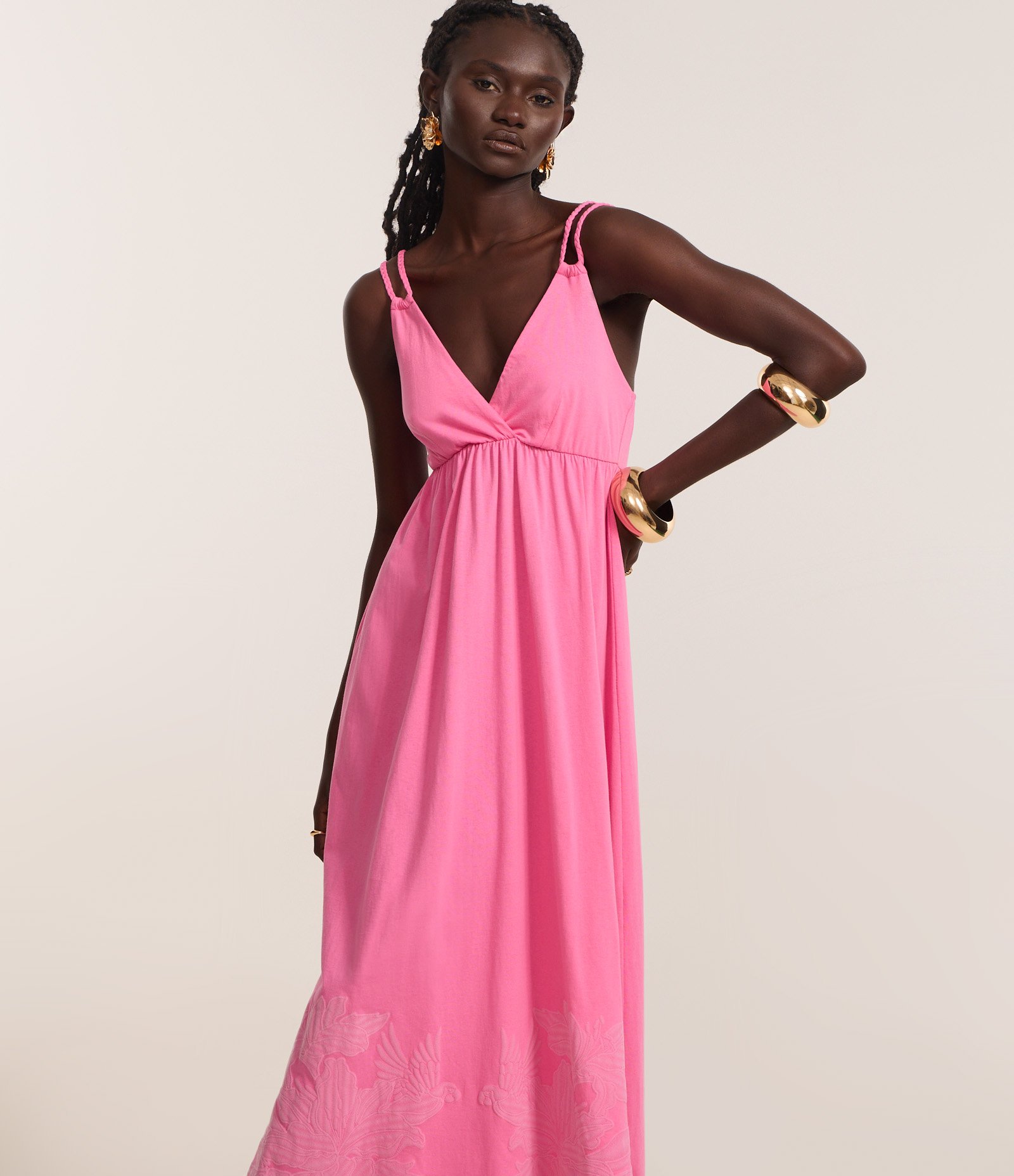 Vestido Evasê Long Midi em Agodão com Silk Floral na Barra Rosa 2