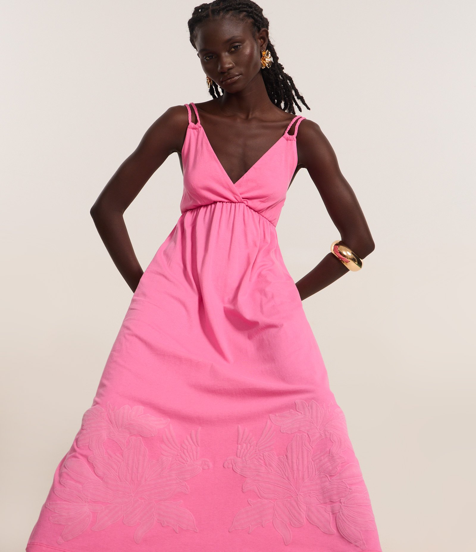 Vestido Evasê Long Midi em Agodão com Silk Floral na Barra Rosa 4