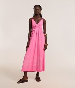 Vestido Evasê Long Midi em Agodão com Silk Floral na Barra