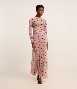 Saia Longa Evasê em Tule com Estampa Poá e Recortes Assimétricos