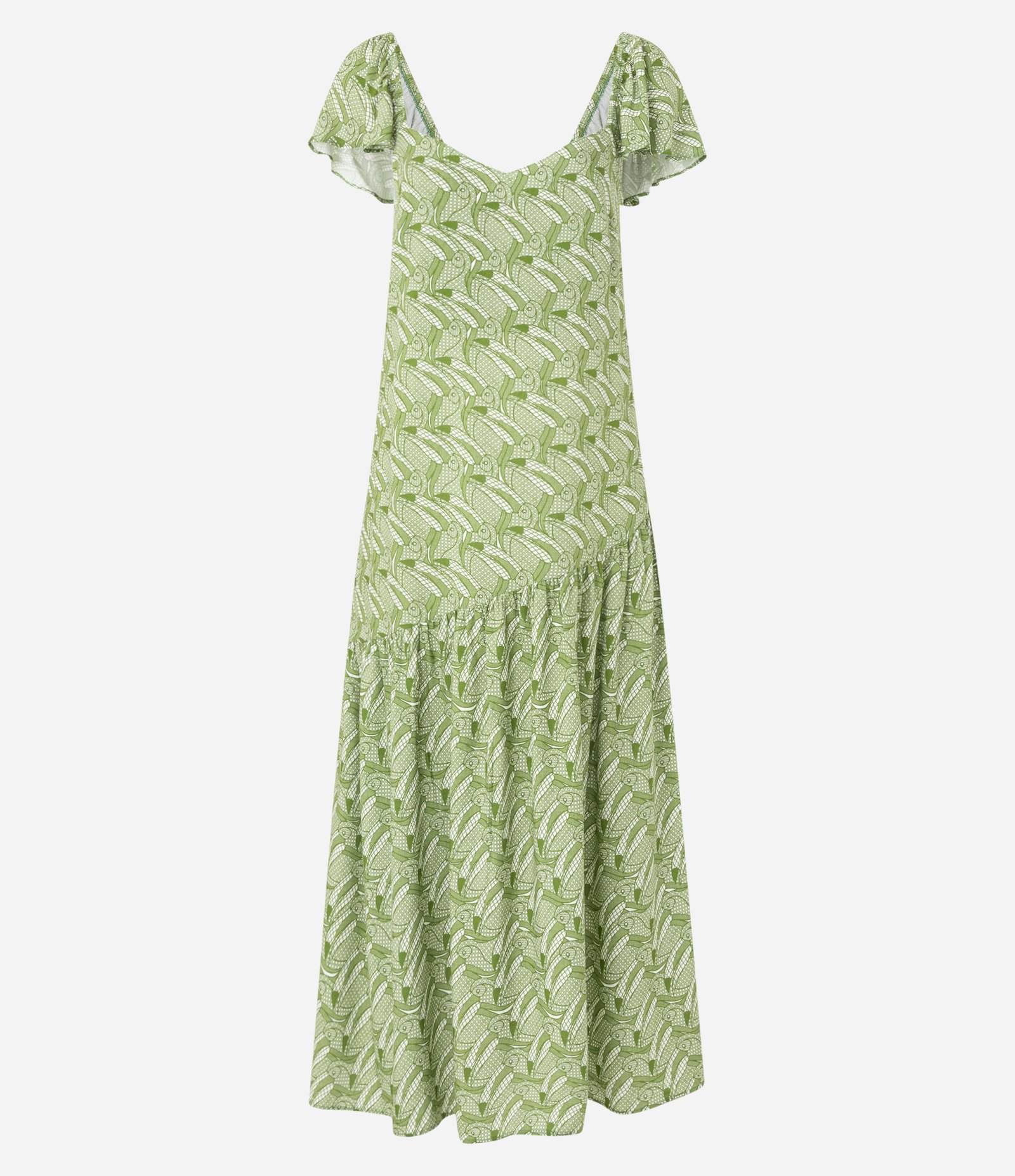 Vestido Longo em Chalis com Estampa de Tucanos e Babado Assimétrico Verde 6