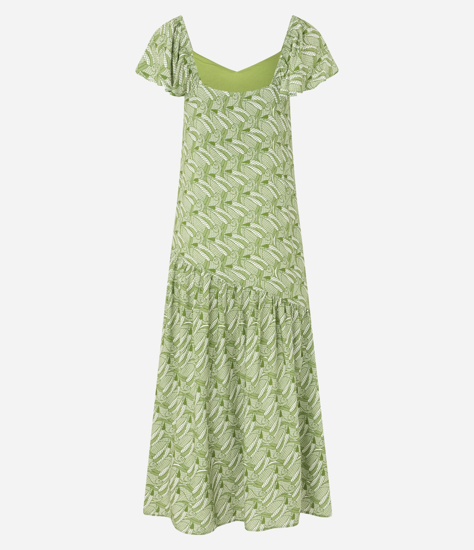 Vestido Longo em Chalis com Estampa de Tucanos e Babado Assimétrico Verde 7