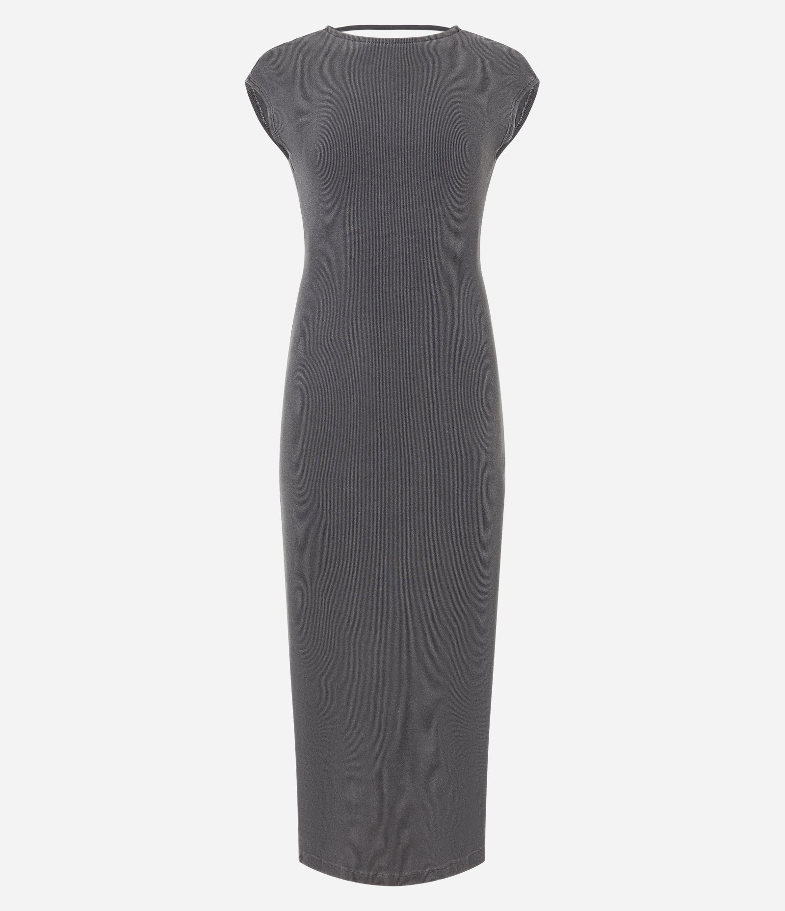 Vestido Long Midi Canelado em Ribana com Costas Abertas Cinza 6