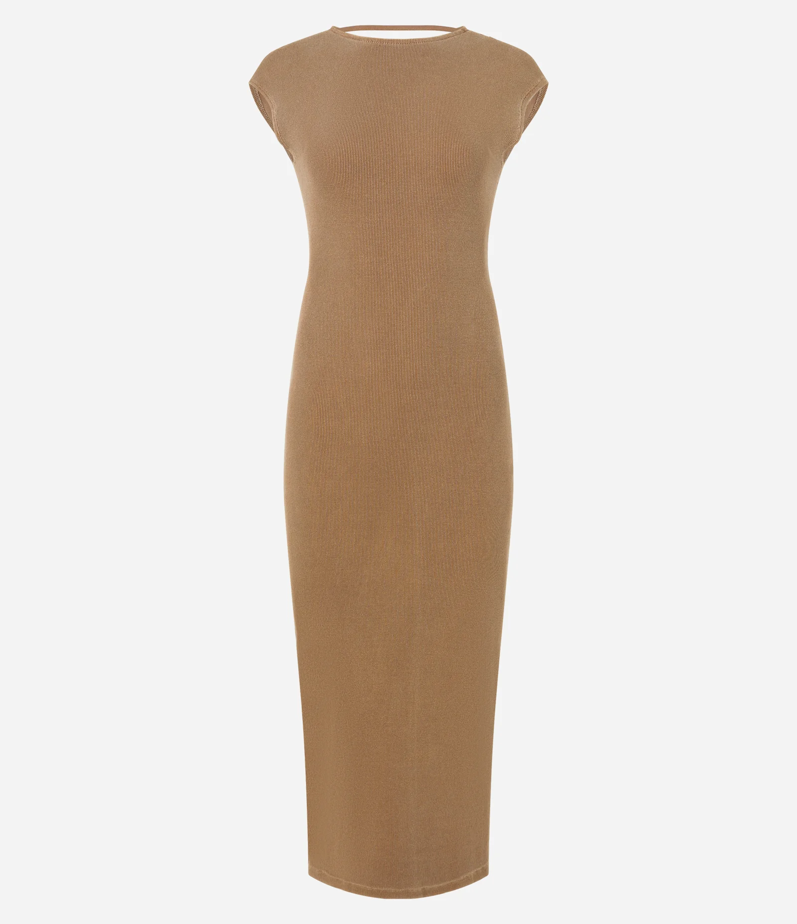 Vestido Long Midi Canelado em Ribana com Costas Abertas Bege 1