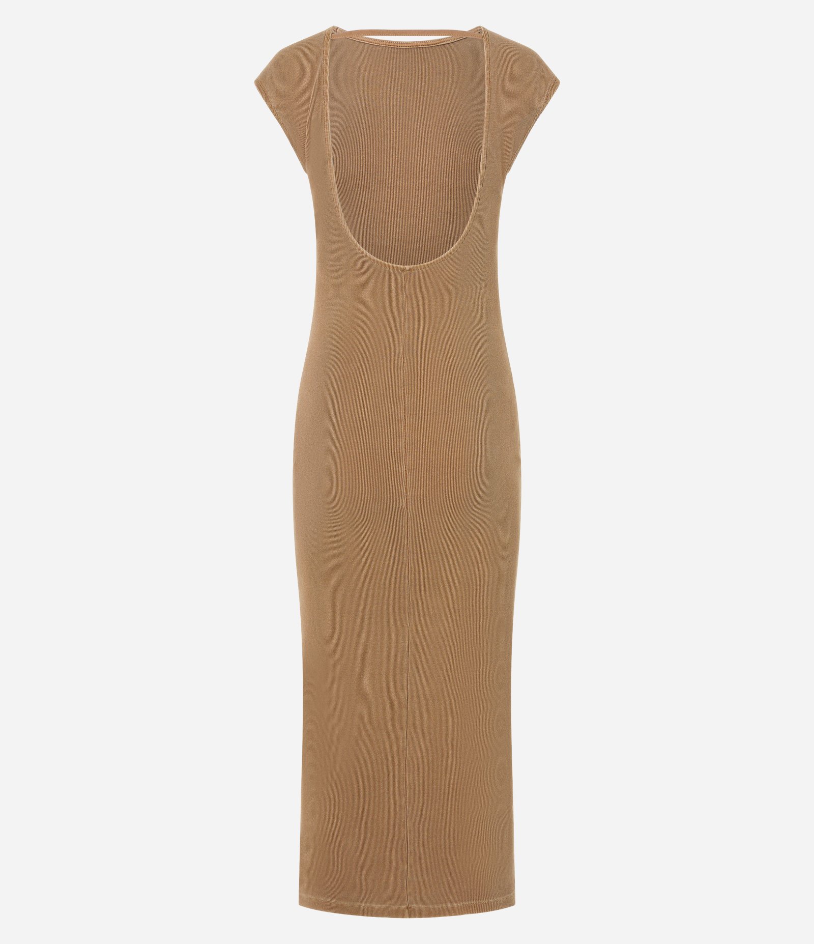 Vestido Long Midi Canelado em Ribana com Costas Abertas Bege 3