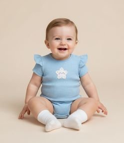 Body Infantil com Bordado de Estrela Estampa Poá e Canelado - Tam 0 a 18 Meses
