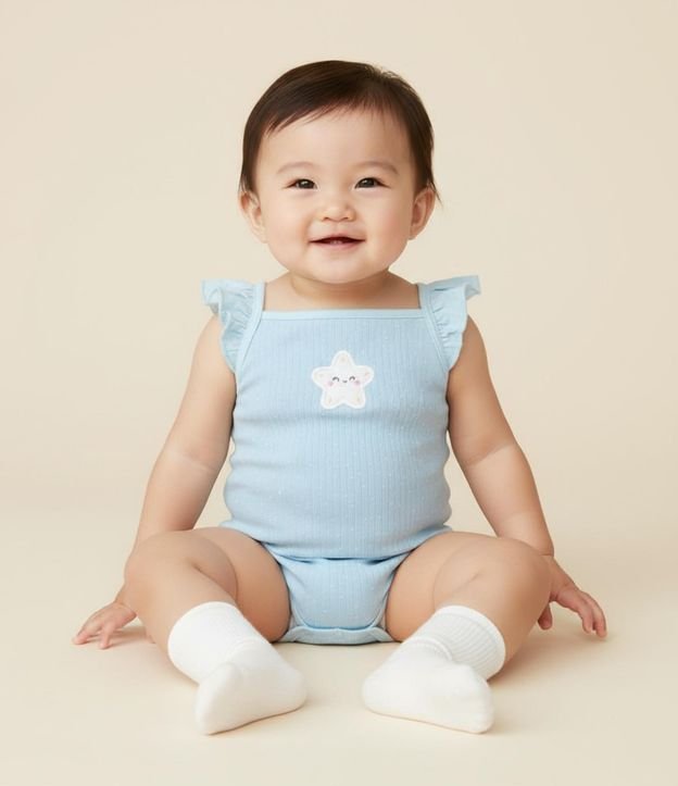 Body Infantil com Bordado de Estrela Estampa Poá e Canelado - Tam 0 a 18 Meses