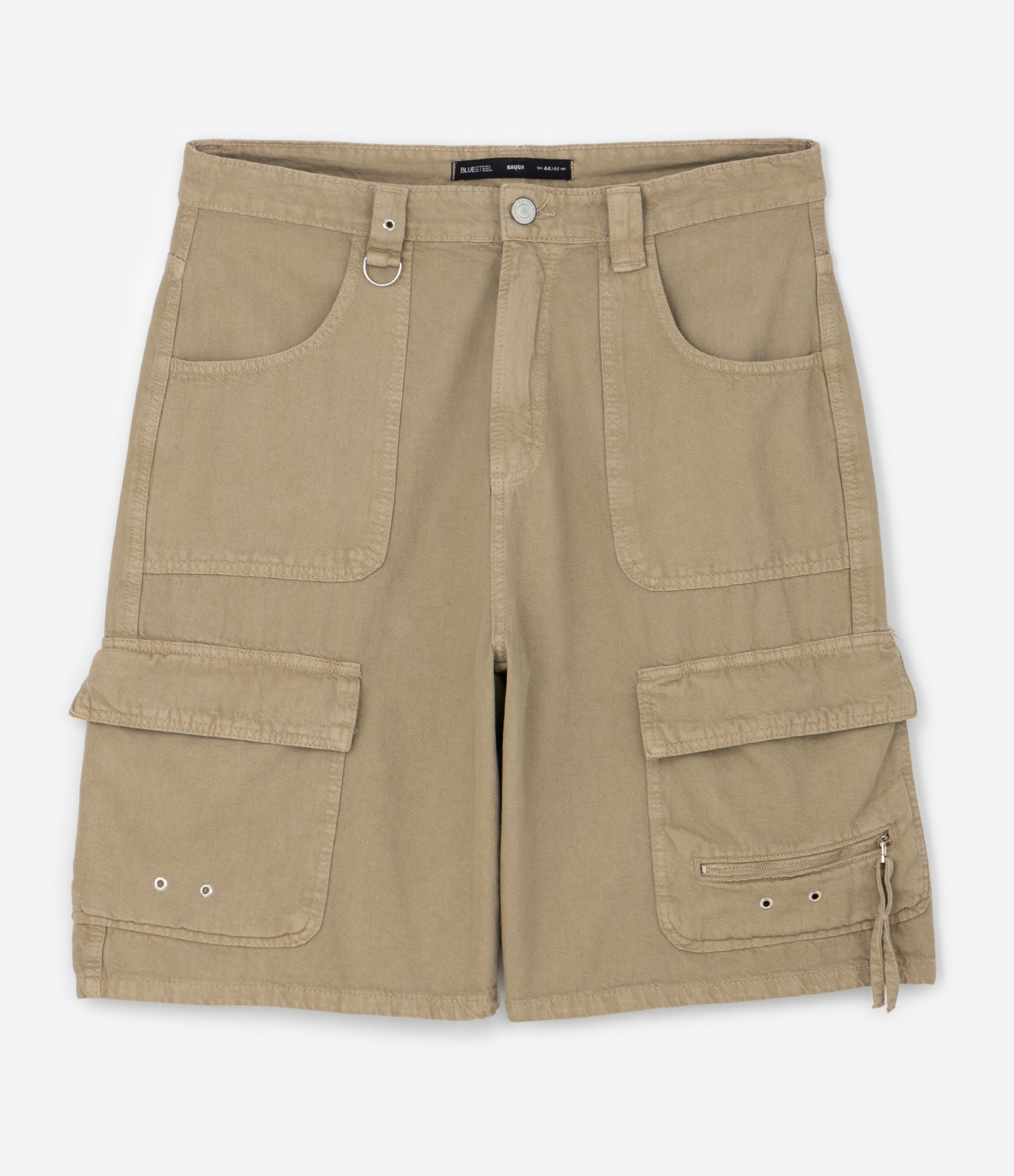 Bermuda Baggy em Sarja com Bolso Cargo e Detalhes de Ilhós Marrom Claro 1
