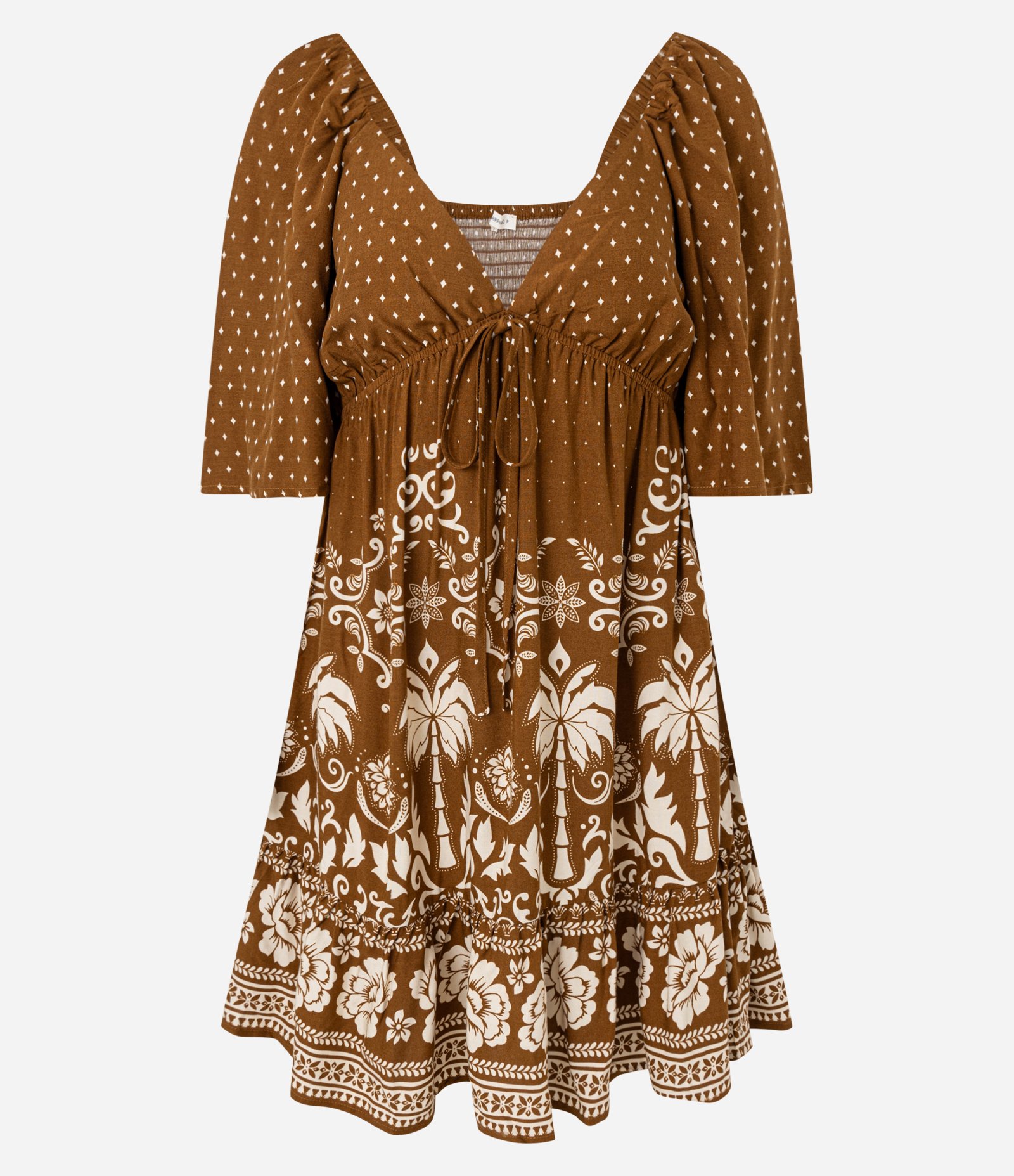 Vestido Evasê Curto em Viscose com Estampa Poá e Folhagem Marrom 5