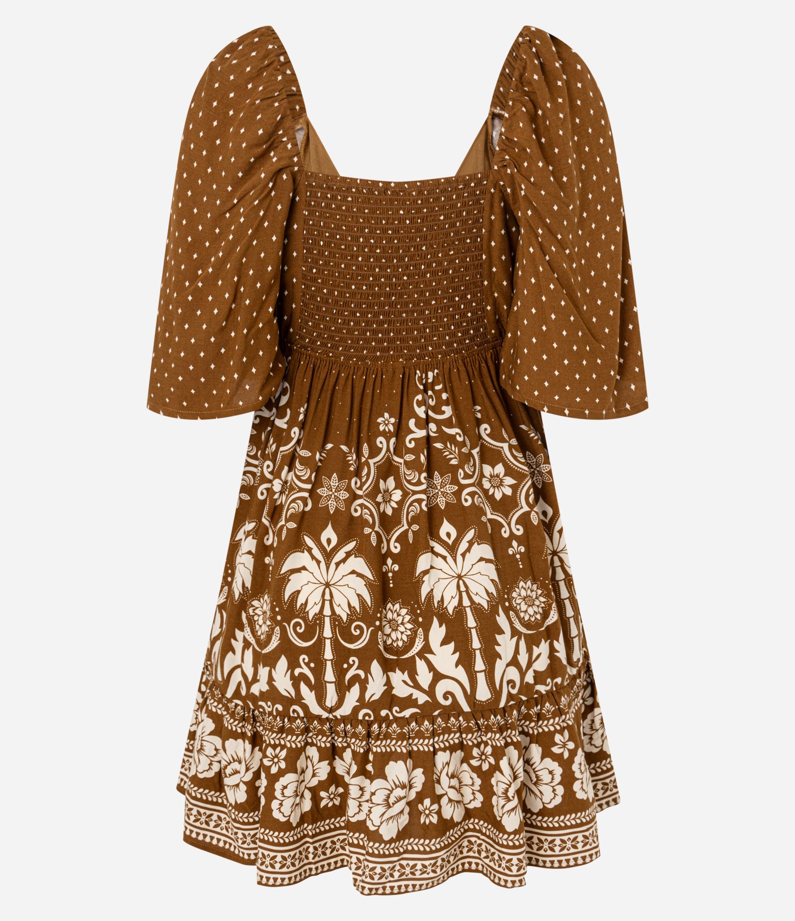 Vestido Evasê Curto em Viscose com Estampa Poá e Folhagem Marrom 6