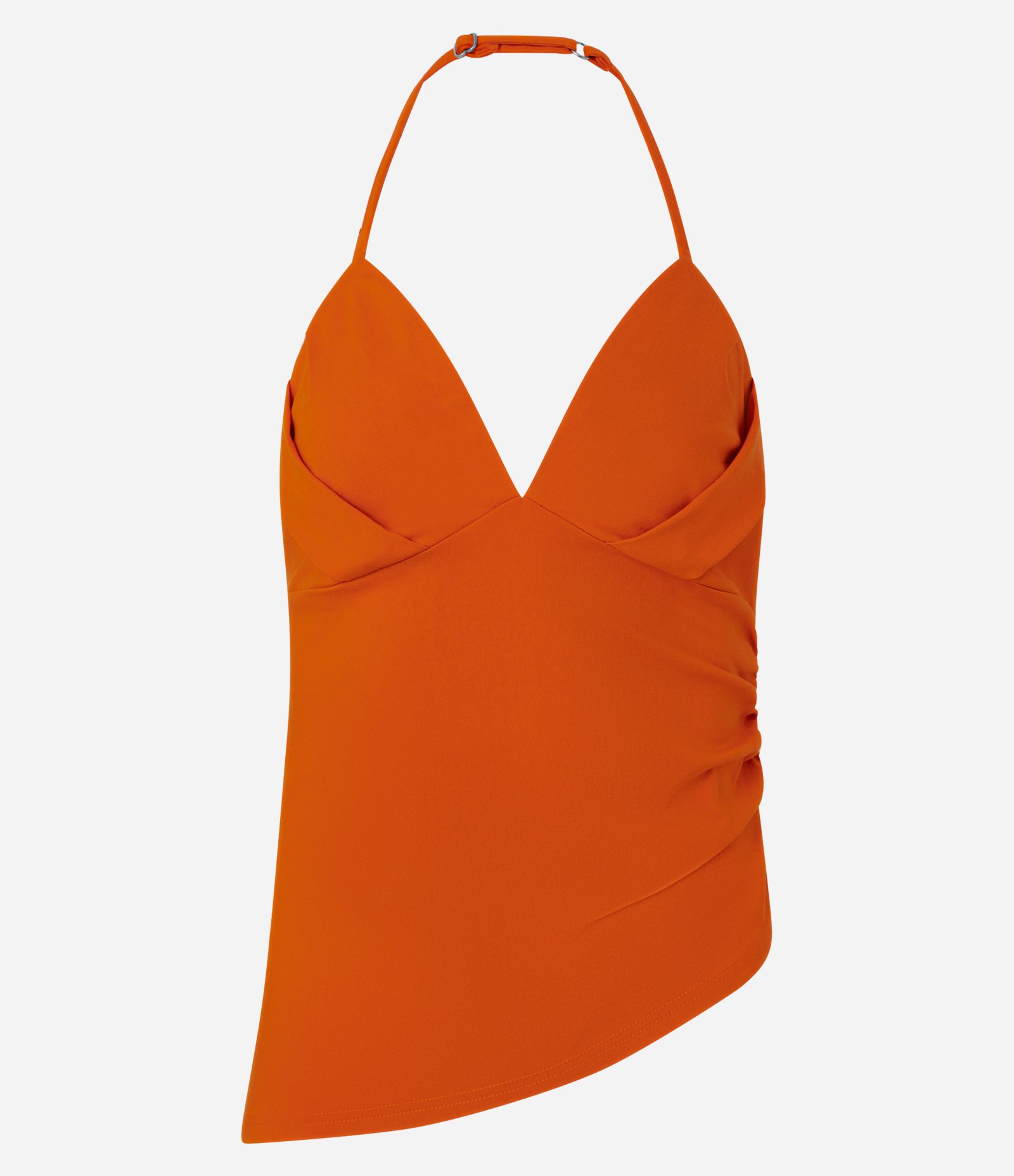 Blusa Frente Única em Bengaline com Busto Franzido e Barra Assimétrica Laranja Escuro 1
