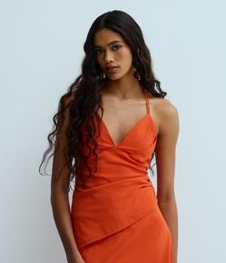 Blusa Frente Única em Bengaline com Busto Franzido e Barra Assimétrica