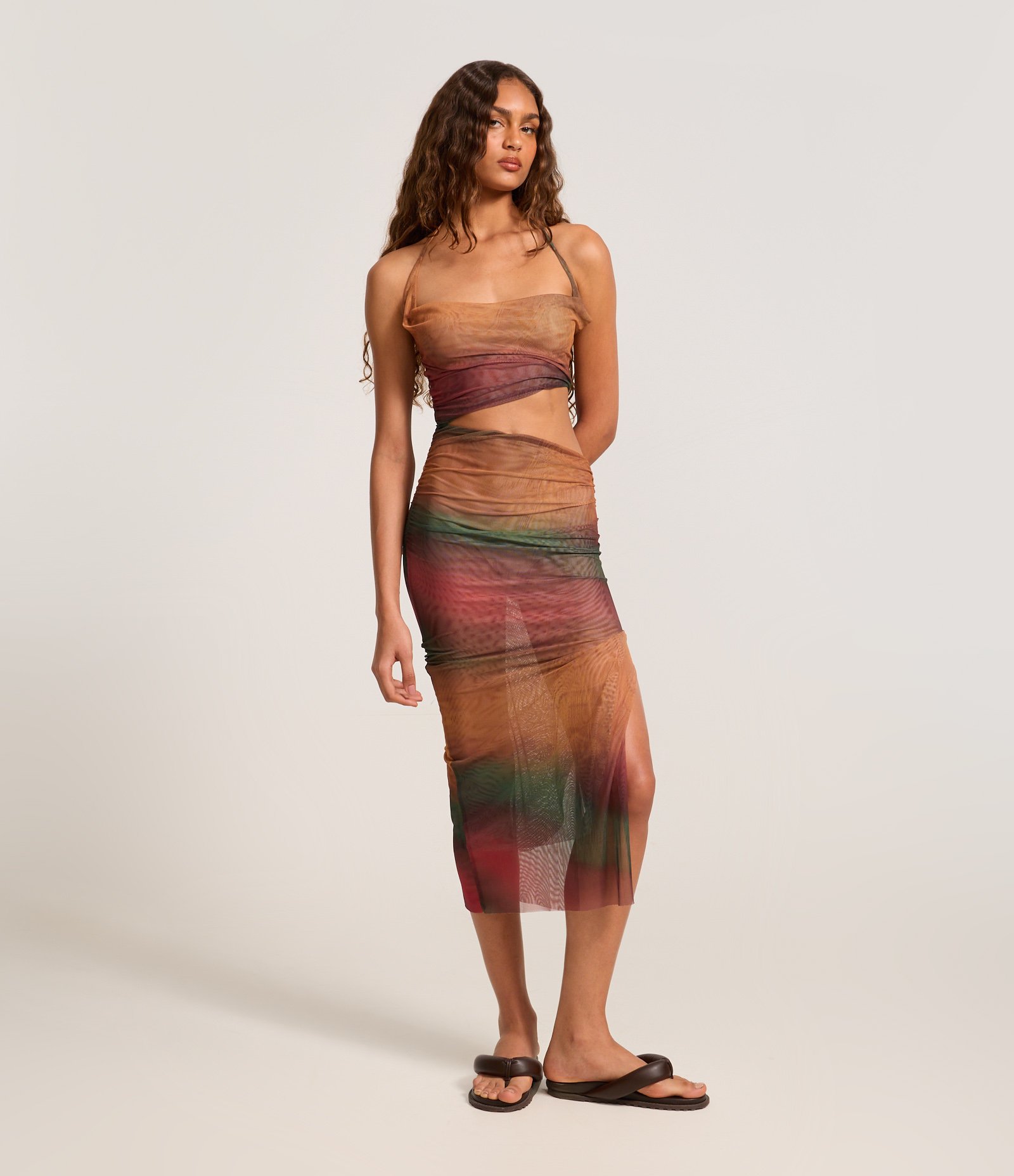 Vestido Midi em Tule Efeito Manchado com Recorte Vazado Multicores 1