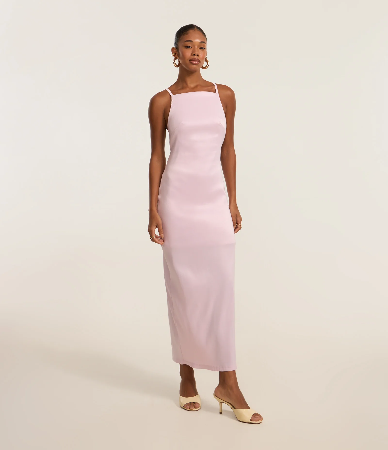 Vestido New Midi em Bengaline com Gola Halter e Alças Finas Rosa 1