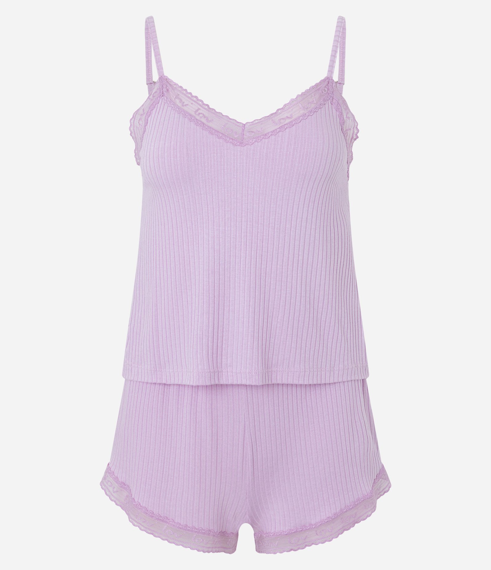 Pijama Short Doll em Ribana com Rendinha Lov Lilás 5